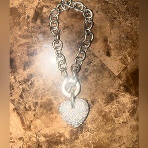Vintage chunky toggle 925/stainless steal? blinged CZ Heart Pendant bracelet